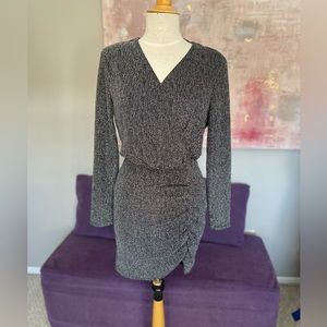 Betsey Johnson‎ Metallic Knit Faux Mini Wrap Dress V-Neck Long Sleeve Size L